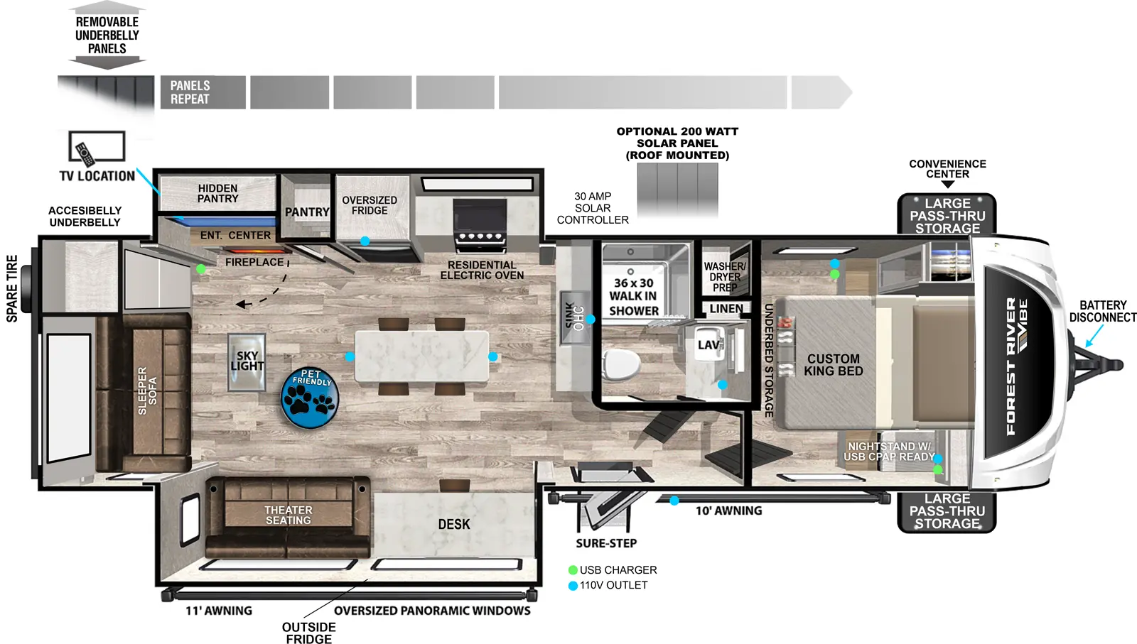 The Vibe 2800RL floorplan has one entry and two slide outs. Exterior features include: fiberglass exterior and 11' & 10' awning. Interiors features include: front bedroom and rear living.